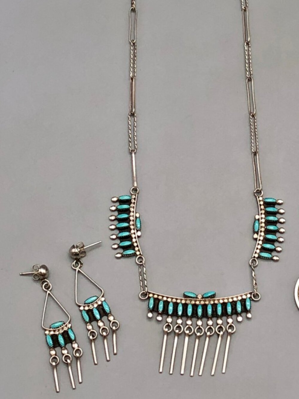 ZUNI Native Petit Point Sterling Turquoise Necklace Earrings VTG Set Signed EH